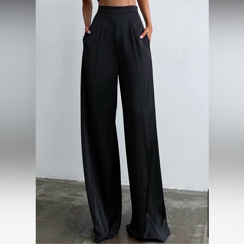 Satin Wide Leg Dress Pants - Black